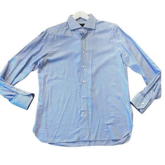 Ermenegildo Zegna blue checkered button down dress shirt 16 - Picture 1 of 11